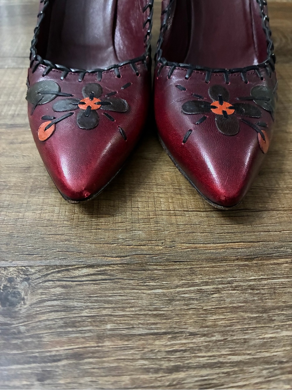 Prada Burgundy Leather Pointed-Toe Heels with Black & Orange Floral Appliqués - Picture 3 of 8